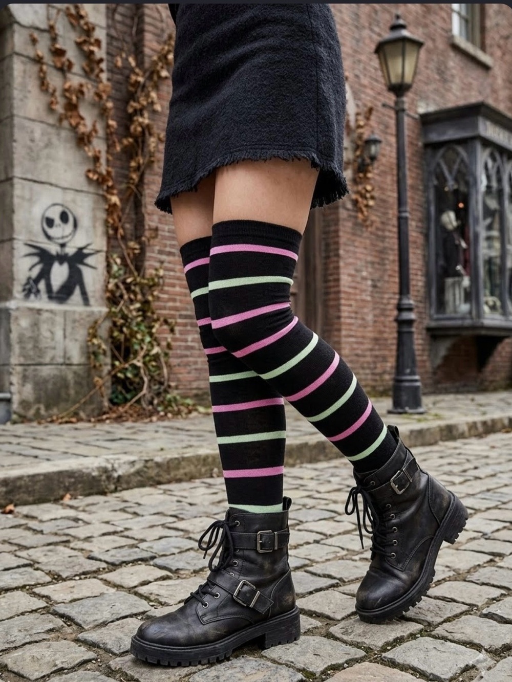 Disney Nightmare Before Christmas thigh-high socks with pink & light Green sripe